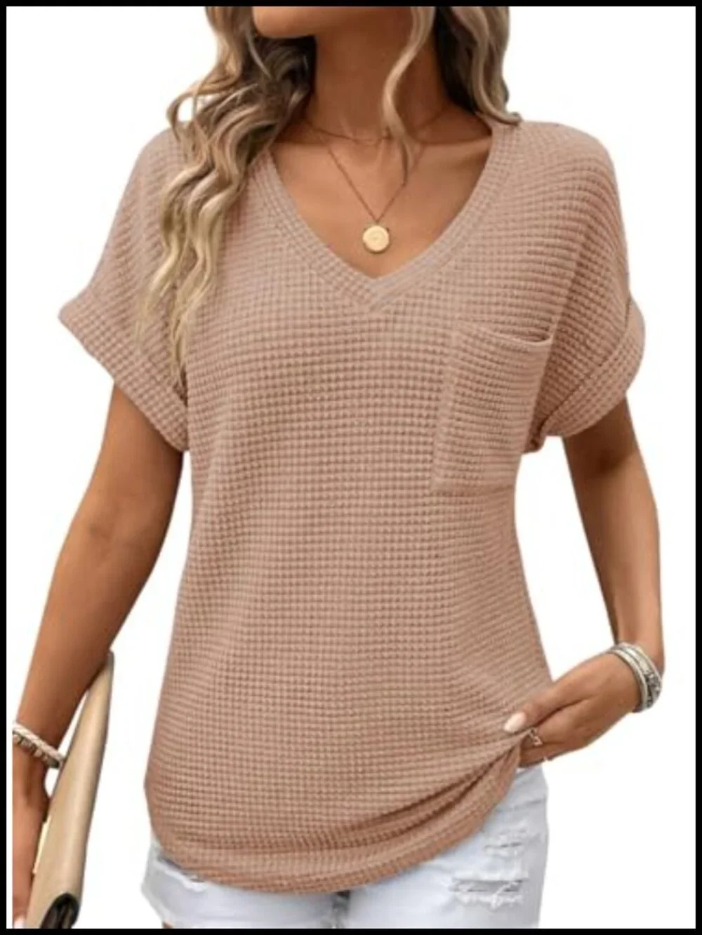 Waffle Knit Tops Womens Short Sleeve V Neck Basic Tee Loose Fit Pullover